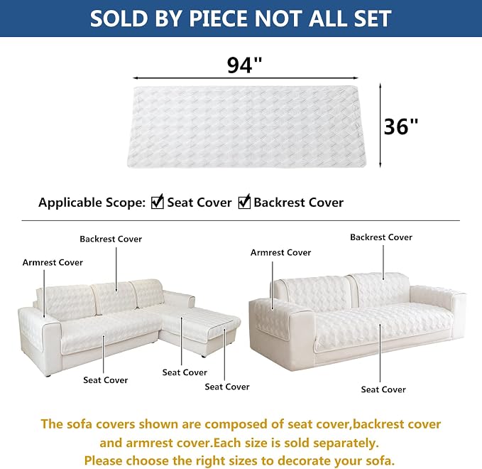 Eismodra Sectional Couch Covers,L Shape Sofa Slipcover Furniture Protector for Dogs Cats Pet Chaise Lounge 3 Cushion Couch Loveseat,White 36 x 94 inches (Only 1 Piece) - Image 5