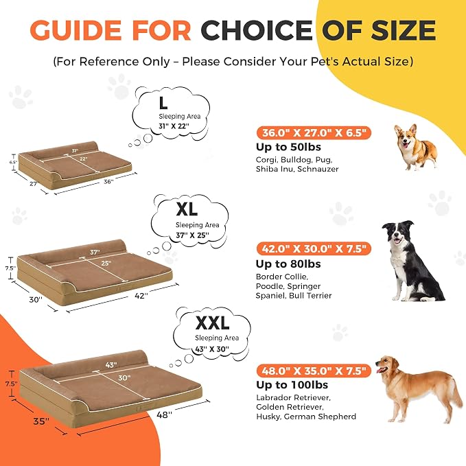 Dog Bed Large Sized Dogs, Orthopedic Dog Bed for Large Dogs, Waterproof Pet Bed with Washable Removable Cover, L-Shaped Pet Couch with Portable Handle 36"x27"x6.5", Camel - Image 4