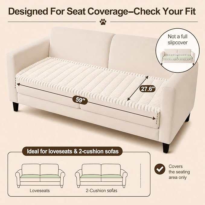 decorUhome Couch Cover for Dogs, Non Slip Fuzzy Thick Pet Sofa Protector | Pet Friendly, Soft Plush Fabric, Couch Covers for Sofa, Machine Washable, Fits 2-Cushion Sofa/Loveseat, White, 27.6" x 59" - Image 10