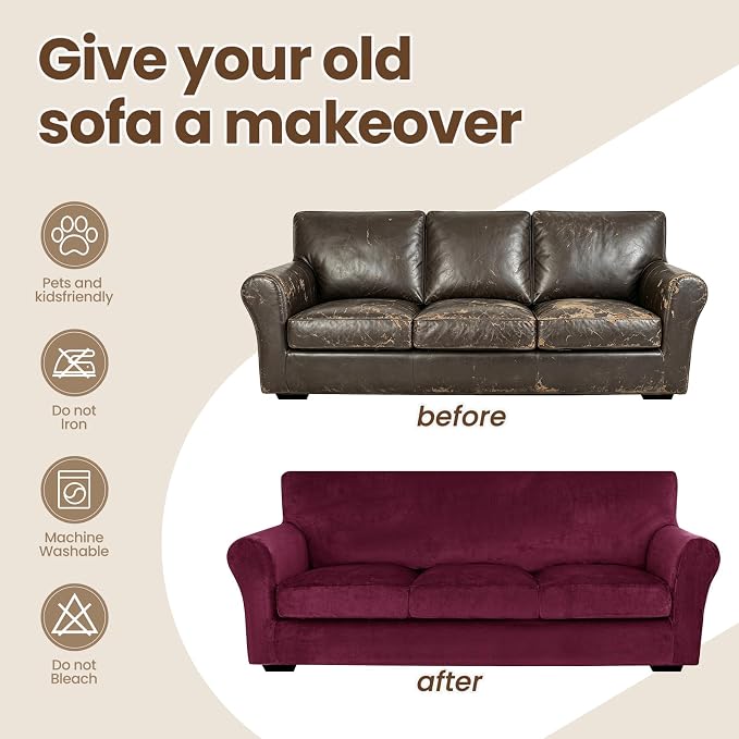 XINEAGE 3-Piece Velvet Loveseat Sofa Cover, Couch Covers for Dog,Wine Red | 2 Cushion Loveseat,Stretch Non-slip Elastic, Pet-friendly, Washable, Fast Setup, Soft Plush Fabric, Furniture Protector. - Image 8
