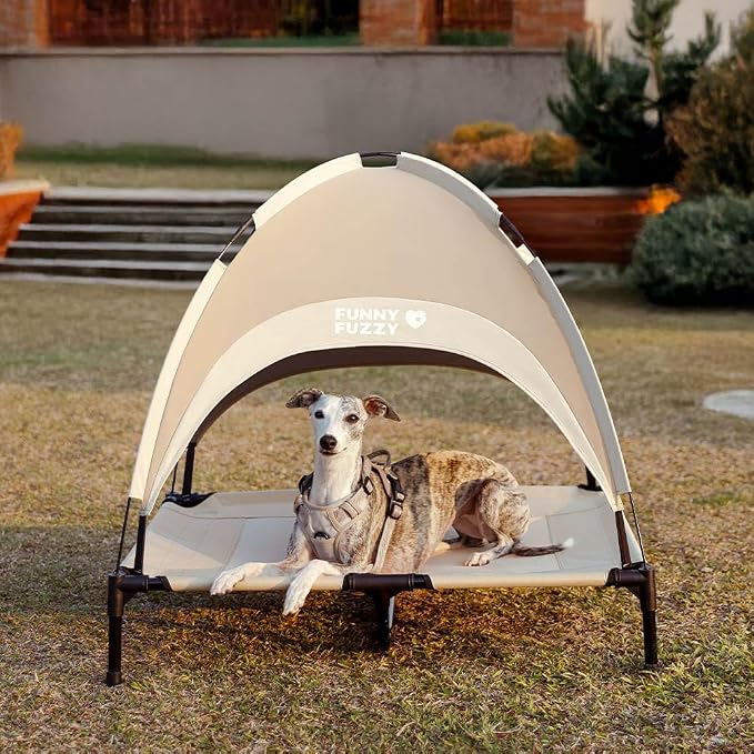 FUNNY FUZZY Elevated Dog Bed with Canopy for Large Dogs up to 120 lbs– Raised Dog Cot Bed with UV Shade,Waterproof,Breathable Mesh,Outdoor & Indoor Use,Portable,Khaki(36"×30"×7") - Image 5