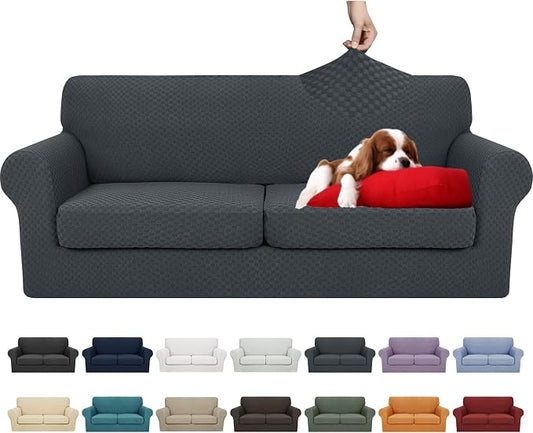 YEMYHOM Latest Checkered 3 Pieces Couch Covers for 2 Cushion Couch High Stretch Sofa Cover with 2 Extra Large Seat Cushion Covers Anti Slip Elastic Slipcovers (Dark Gray), 71"-91"(2 Cushions) by YEMYHOM
