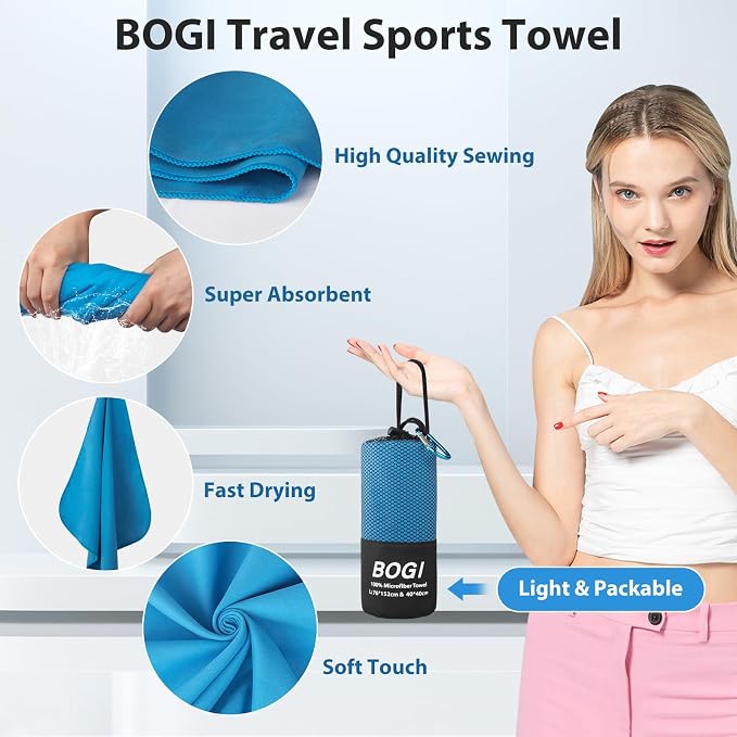 BOGI Microfiber Quick Dry Travel Sports Towel, Blue, 40''x20' | Quick Dry Towel, Supper Absorbent Soft Lightweight Compact for Camping, Hiking, Swimming, Backpacking, Travel, Gym, Yoga - Image 4