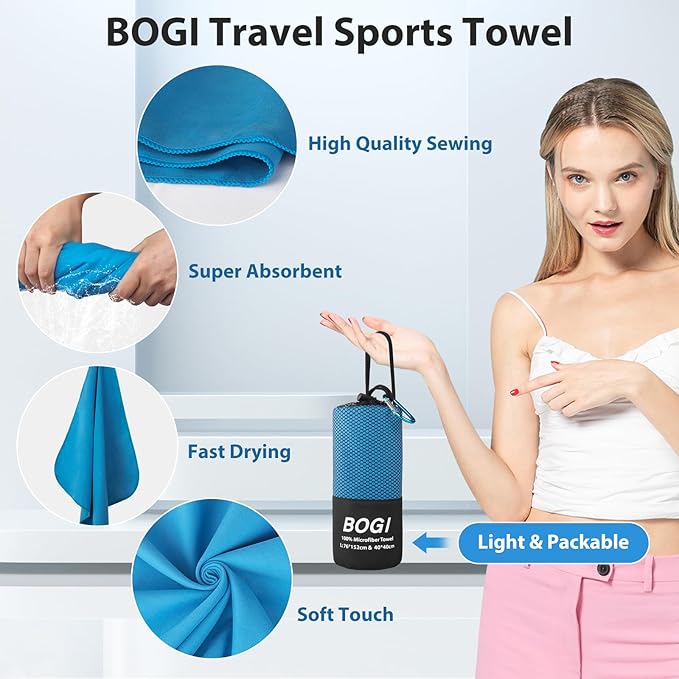 BOGI Microfiber Quick Dry Travel Sports Towel, Blue, 40''x20' | Quick Dry Towel, Supper Absorbent Soft Lightweight Compact for Camping, Hiking, Swimming, Backpacking, Travel, Gym, Yoga - Image 4
