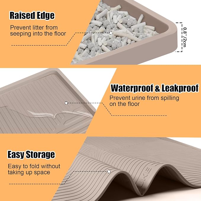 Silicone Cat Litter Mat 50" x 36" Cat Mat for Litter Box, Khaki | Extra Large Cat Litter Trapping Mat for Floor, Waterproof, Non-Slip Kitty Litter Box Mat with Raised Edge, Easy to Clean - Image 6