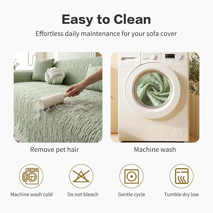 DREAMINGO Bubble Textured Cooling Sofa Cover, Ice Silk Breathable Couch Cover Blanket for Pet & Hot Sleepers, Washable Furniture Protector for 3 Cushion Couch, Sage Green, X-Large 71"x134" - Image 6