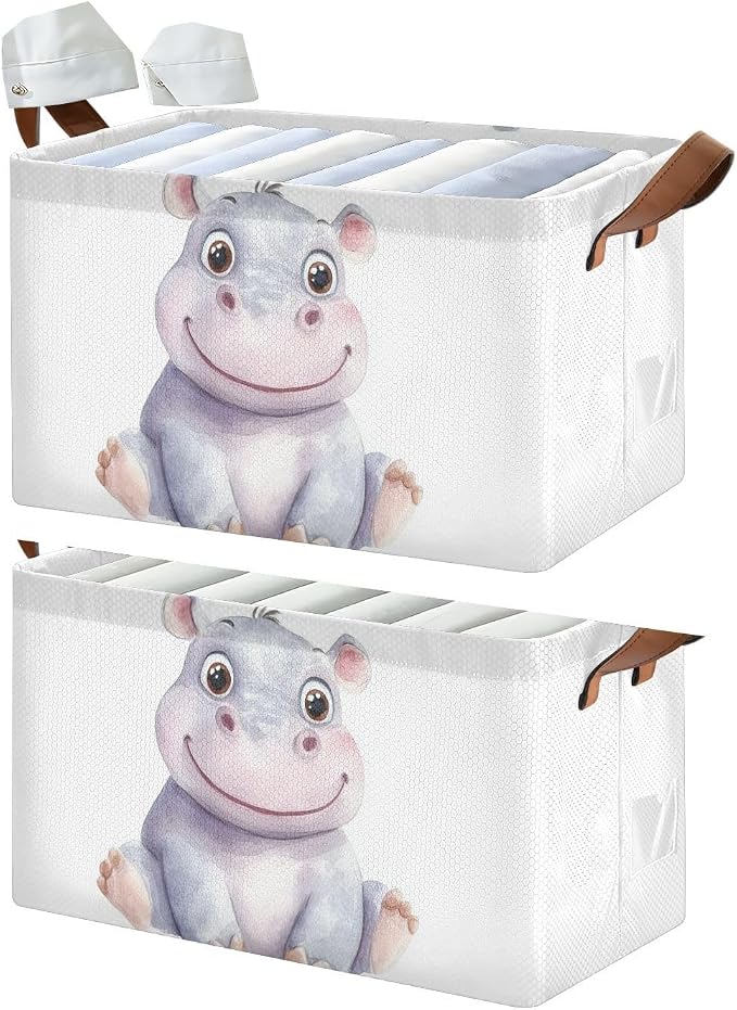 Cute Baby Hippopotamus Hippo Animal Storage Basket with Labels&Handles Rectangular Waterproof Nursery Storage Bins Collapsible Shelf Organizer Baskets for Kids Books Cloth Basket Toys Laundry, 2 PC - Image 3