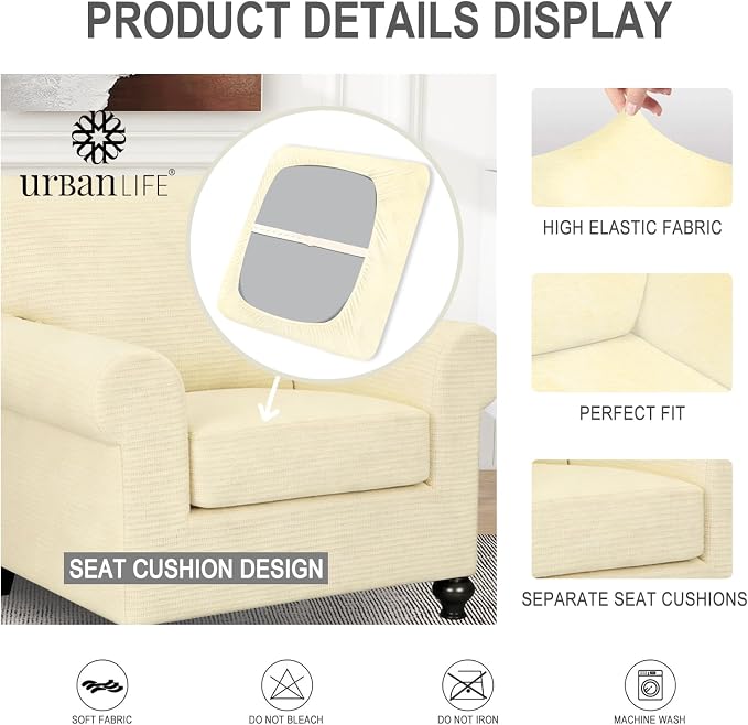 URBANLIFE 2-Piece Stretch Sofa Covers for 1 Cushion Couch, Cream | Super fitted spandex slipcovers for couches. Non-slip elastic bottom. Machine washable furniture protector for kids & pets. - Image 6
