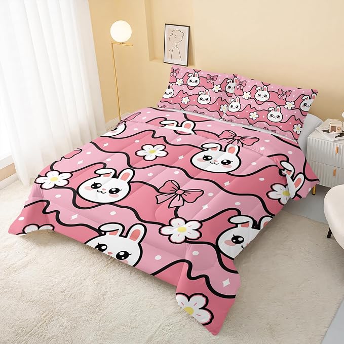 QOOMO Kawaii Rabbit Comforter,Strawberry Rabbit Comforter Set for Kids Teens Girls,3Pcs Bedding Set Printed Comforter with 2 Pillowcases,Down Alternative,Soft and Lightweight(Pink，Twin Size) - Image 3