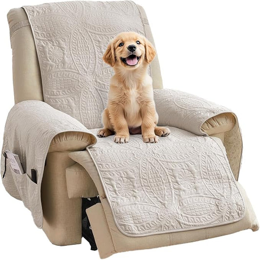 Beige Quilted Recliner Chair Covers, Water-Repellent Recliner Slipcovers, Lazy Boy Chair Covers, Pet Friendly Recliner Covers for Dog, Washable Armchair Protector (Recliner 22", Beige Cream) by Pamhaven