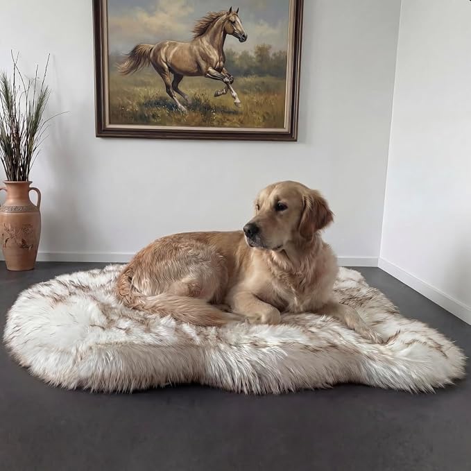 Faux Fur Orthopedic Dog Bed, Memory Foam, White w/Brown Tips 50"x30" | Plush Washable Dog Rug with Waterproof Machine Washable Cover, Calming for Anxious Senior Dogs, Relieves Joints - Image 9