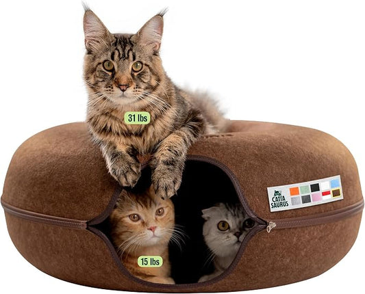 Cattasaurus Peekaboo Cat Cave Donut for Multiple & Large Cats up to 30-45 lbs, 3-in-1 Self Warming Cat Bed, Tunnel & Scratcher for Indoor Cats, Washable & Detachable Small Dog Bed (Brown, Jumbo) by Cattasaurus