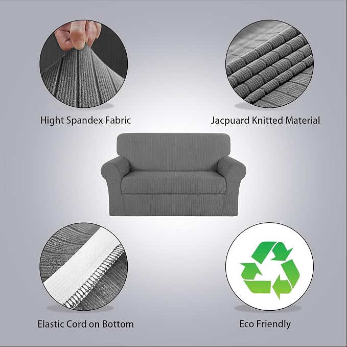 Loveseat Cover Stretching Skid Resistance Couch Cover for Pets Washable,Durable Soft High Spandex Striped Pattern Sofa Covers, Form Fitted Love Seat Slipcover(Loveseat, Light Gray) - Image 2