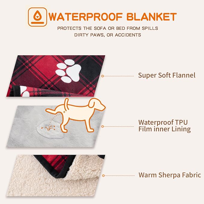 Waterproof Dog Blankets Pet Blanket 60"x80", Soft Fluffy Sofa Car Bed Protector, Reversible Sherpa Fleece Dog Blanket for Large Dogs Christmas Decor(Paw Red) - Image 4