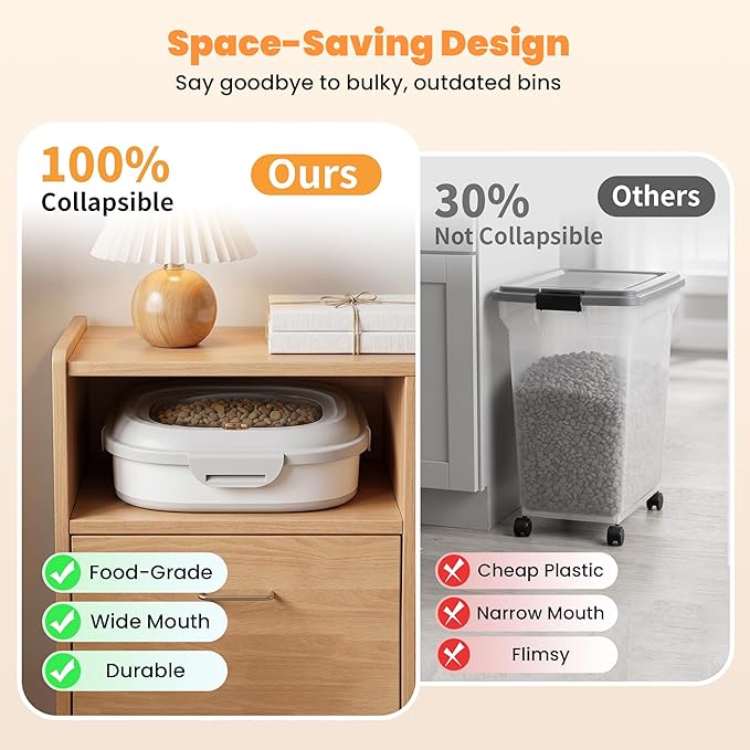 28 Lbs Dog Food Storage Container, Collapsible Cat Food Container | Airtight Pet Food Storage Containers with Wheels, Clear Window, Measuring Cup and Scoop, BPA Free for Rice, Flour, Bird Seed - Image 6
