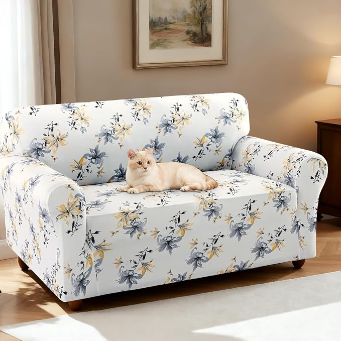 H.VERSAILTEX Printed Loveseat Covers for 2 Cushion Couch High Stretch Sofa Slipcover Soft Skin-Friendly Fabric Sofa Cover for Dogs Washable(Vintage Petal-Yellow,Loveseat) - Image 2