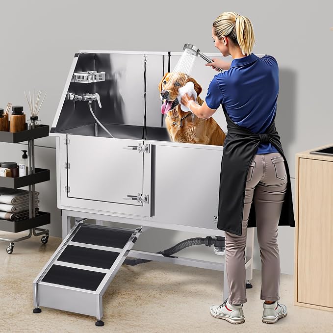 VEVOR Stainless Steel Dog Washing Station, Professional 62 inch Pet Grooming Tub w/Ramp, PE Water Filter Board, Faucet & Showerhead & Soap Holder Bathtub for Large & Medium & Small Pets (Left Door) - Image 8