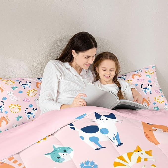 Feelyou Full Size Cute Colorful Cat Bedding for Kids Teen Girls Room Decor Cat Comforter Set Kawaii Pink Kitten Quilt Feline Paw Bed Sets Ultra Soft Microfiber with 3 Piece - Image 6