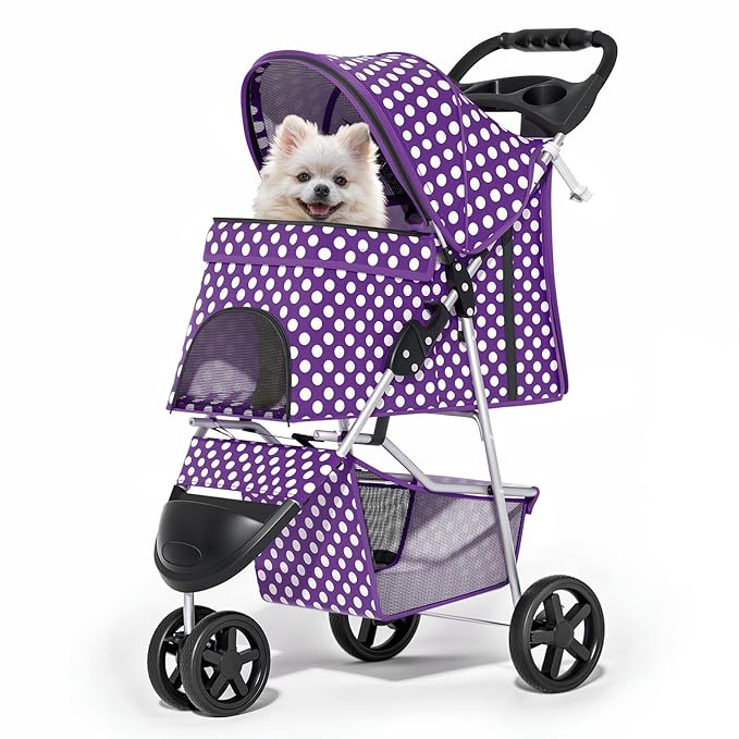 MoNiBloom 3 Wheels Pet Dog Cat Stroller for Small Medium Dogs Cats, Foldable Jogger Stroller w/Storage Basket and Cup Holder, Purple Polka Dots