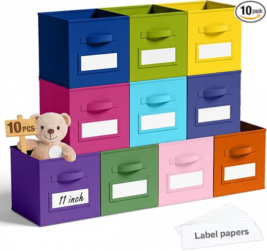 Teenyyou 10 Pack Fabric Storage Cubes 11 Inch Collapsible Cube Bins with Label Window & Handle Foldable Organizers Baskets for Shelf Closet Nursery Kids Room Clothes Book Toy(Candy) by Teenyyou