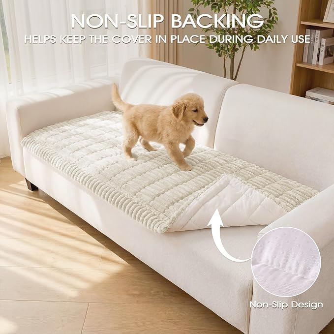 Non-Slip Washable Couch Cover for Dogs, Soft Thick Ribbed Flannel | 27.6"x70.9", Cream, 0.8" Thick, Rubber Dot Backing, Pet-Friendly Protector for Sofa, Floor, Window Bench, Car Seat or Camping - Image 3
