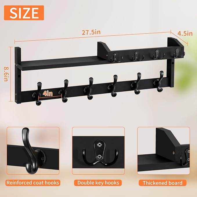 Coat Rack Wall Mount with Shelf, 27.5" Entryway Wall Hanging Shelf, Coat and Key Hanger with 10 Dual Hooks, Mail Organizer and Key Holder Hat Rack for Wall, Wood Coat Hooks with Storage - Image 2