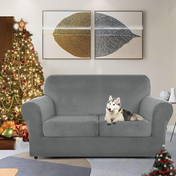 ZNSAYOTX Luxury Velvet Sofa Cover 3 Piece (57"-70") Stretch Loveseat Covers for 2 Cushion Couch Thick Soft Couch Slipcover with Non Slip Strap, Dog Pet Friendly Nice Furniture Protector (Grey) - Image 2