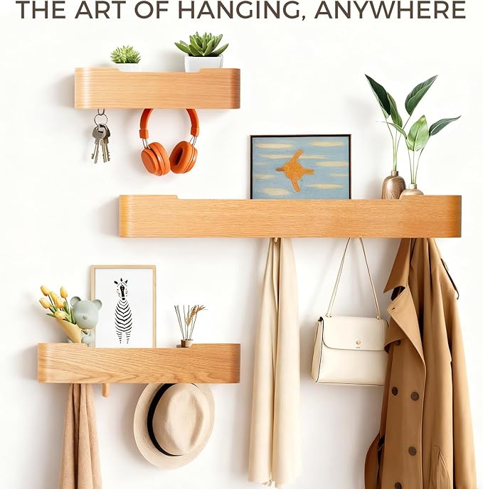 Coat Rack Wall Mount with Shelf Entryway Shelf Modern Key Holder Hanger Wall Shelves with Hidden Hooks for Hanging Towels Coats Hats Bags for Hallway Bathroom Bedroom(Oak, 4 Hooks) - Image 3