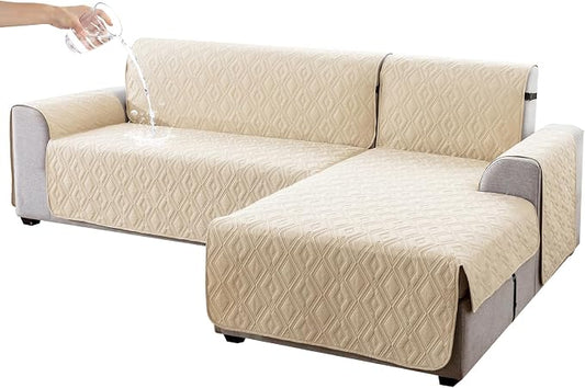 Genina Waterproof L Chaise Sectional Cover for Kids Pets (Beige, Large) | Reversible Design,Anti-Slip Fit,Blocks Pet Hair and Scratches,Stain-Resistant & Easy Install,Machine Washable by Genina