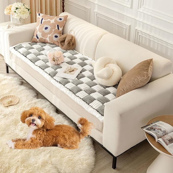 Fuzzy Couch Cover for Dog, Modern White Grey Checkered Couch Cushion Cover | Non Slip Couch Cover for 2 Cushion Couch Sofa Pet Friendly, Washable Sofa Cover Durable Anti-pilling Furniture Protector - Image 8