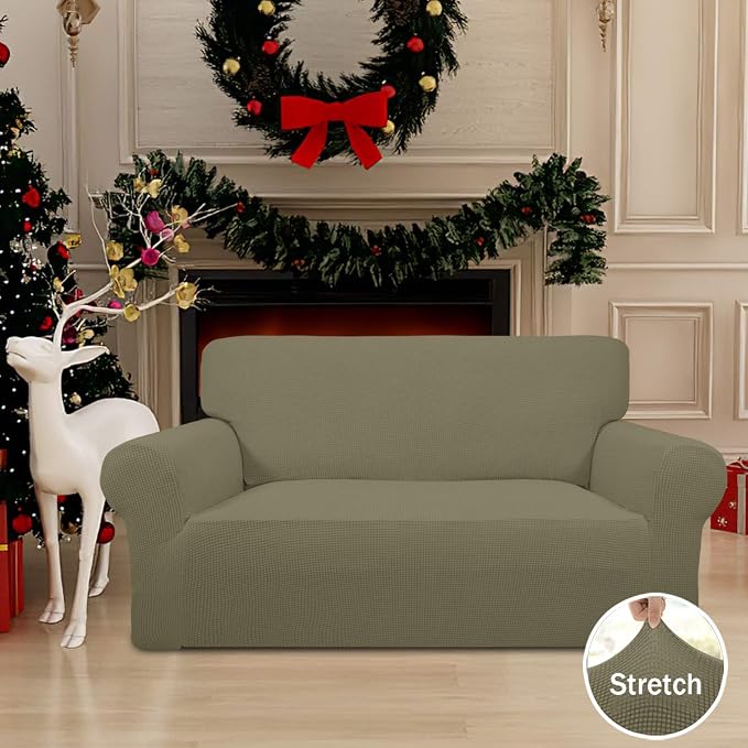Easy-Going Stretch Loveseat Couch Covers Washable Khaki | 1-Piece Loveseat Covers for 2 Cushion Couch Furniture Protector RV Sofa Slipcover Soft with Bottom for Kids Pets - Image 2