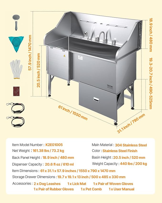 VEVOR Professional 304 Stainless Steel Dog Bathing Station, 61 inch Pet Grooming Tub w/Anti-Slip ramp, Storage Drawer, Cold Hot Faucet Showerhead for Large & Medium & Small (Right Door, with Drawer) - Image 7