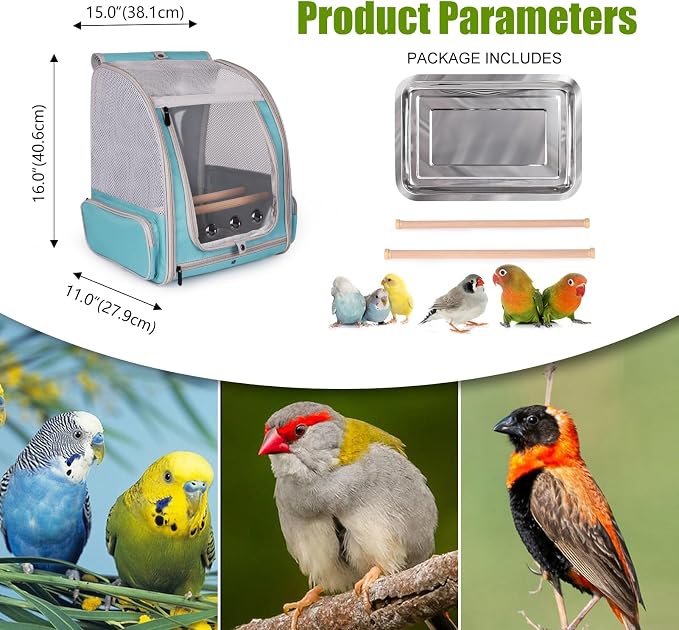 halinfer Bird Backpack Carrier Cage, Front Zipper Opening Portable Bird Travel Bag with Standing Perches and Metal Tray, Vented Carry Transport Carrier for Parakeet, Budgie, Conure, Cockatiel, Parrot - Image 3