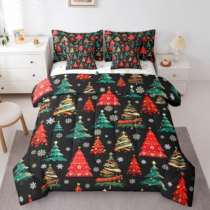 Erosebridal Black Christmas Bedding Set Full Red Green Christmas Tree Comforter Set 7 Piece Xmas Forest Pine Trees Bed in A Bag for Kids Boys Men Winter Xmas Snowflake Quilt with Flat Fitted Sheet by Erosebridal