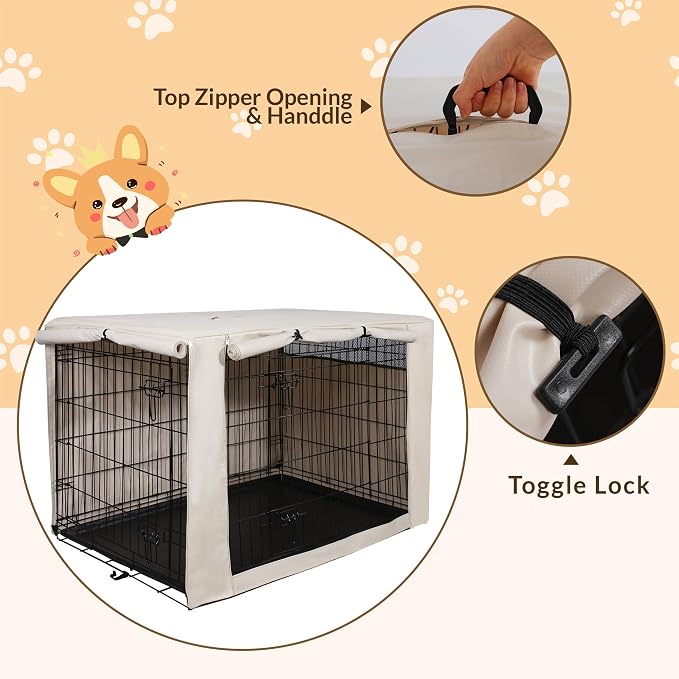 HiCaptain Dog Crate Cover 48.0" L x 30.0" W x 33.0" H with Breathable Mesh, Durable Heavy Duty Kennel Cover, Dual Zippered Panels, Windproof Waterproof UV-Resistant(Beige) - Image 5