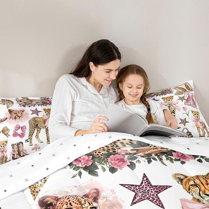 Manfei Girly Bow Cute Comforter Sets Twin Size,Cartoon Cheetah Boots Bedding Comforter for Kids Girls Boys,Wild Animal Prints Quilt Sets for Bedroom Decor,Duvet Insert,1 Pillowcase,Pink Brown - Image 4