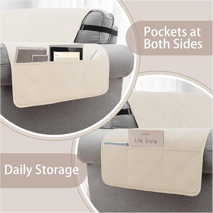 100% Waterproof Couch Cover for Dogs, Washable Anti-Slip Sofa Cover with Elastic Straps & Side Pockets, Quilted Furniture Protector for Kids & Pets (3 Cushion 68", Beige) - Image 3