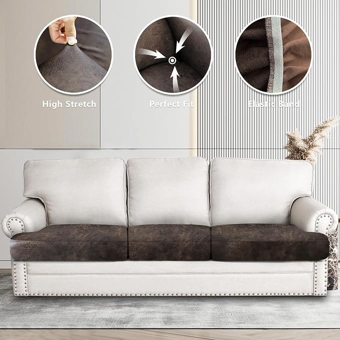 ANARACHON Leather Look Couch Cushion Covers Sofa Seat Slipcovers Sets Couches Furniture Protector for Sectional Armchair Loveseat Pets Kids Stretch Spandex Fabric (3 T-Cushion Sofa, Brown) - Image 6