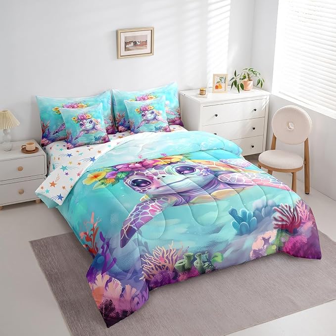 Erosebridal Turtle Comforter Set with Sheets Twin Size for Kids, Reptile Bed in A Bag for Bedroom, Underwater World Sea Animal 7 Pieces Bedding Set, Watercolour Coral Bed Sets - Image 2