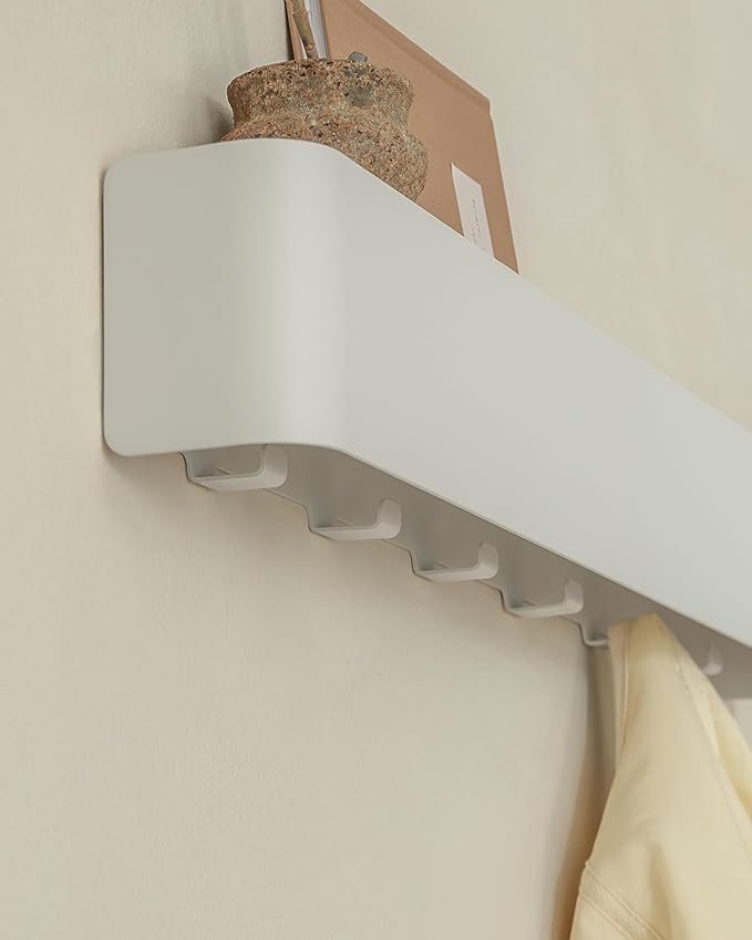 Kazai. Coat Rack Wall Mount with Shelf 'Tone' | Modern Design Coat Hanger with Hidden Hooks and Storage | Hat Rack with Shelf in Metal | Wall-Mounted Purse Organizer | White - Image 3