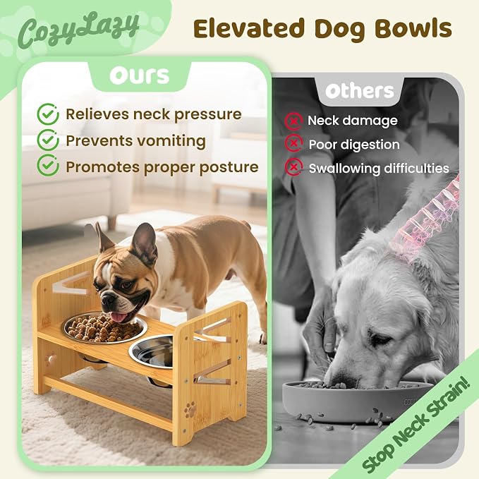 Elevated Dog Bowls, Adjustable Raised Dog Bowl Stand for Medium and Small Dog, 11" High Bamboo Pet Food Feeder with 2 Stainless Steel Dishes（4 Heights） - Image 3