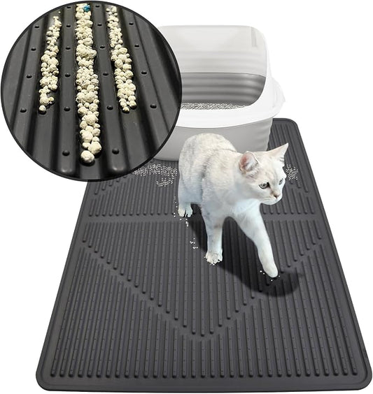 Mofason Rubber Large Cat Litter Mat - Black Silicone Kitty Litter Box Mat | Washable & Waterproof 28"x20" Silicone cat litter mat trapping catcher mat; kitty cat litter box rug catcher mat easy clean by Mofason