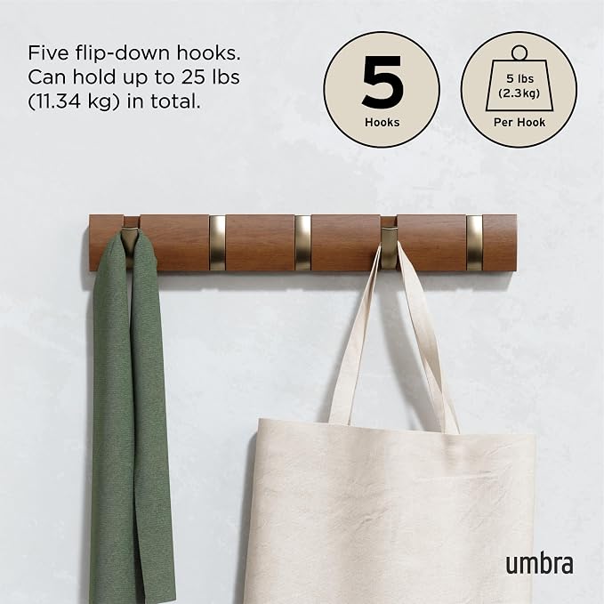 Umbra Flip Coat Rack, Wall Mounted 5-Hook Space Saving, Walnut/Gold | Real wood and steel build, retractable hooks fold flat, holds coats bags and scarves, easy install - Image 5