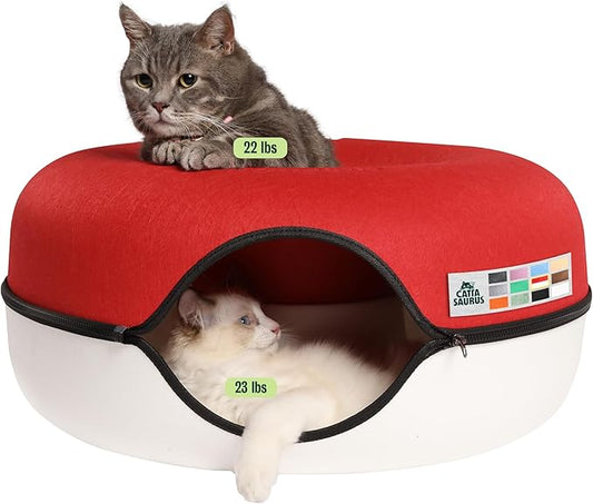 Cattasaurus Peekaboo Cat Cave Donut for Multiple & Large Cats up to 30-45 lbs, 3-in-1 Self Warming Cat Bed, Tunnel & Scratcher for Indoor Cats, Washable & Detachable Dog Bed (Ruby Snowball, Large) by Cattasaurus