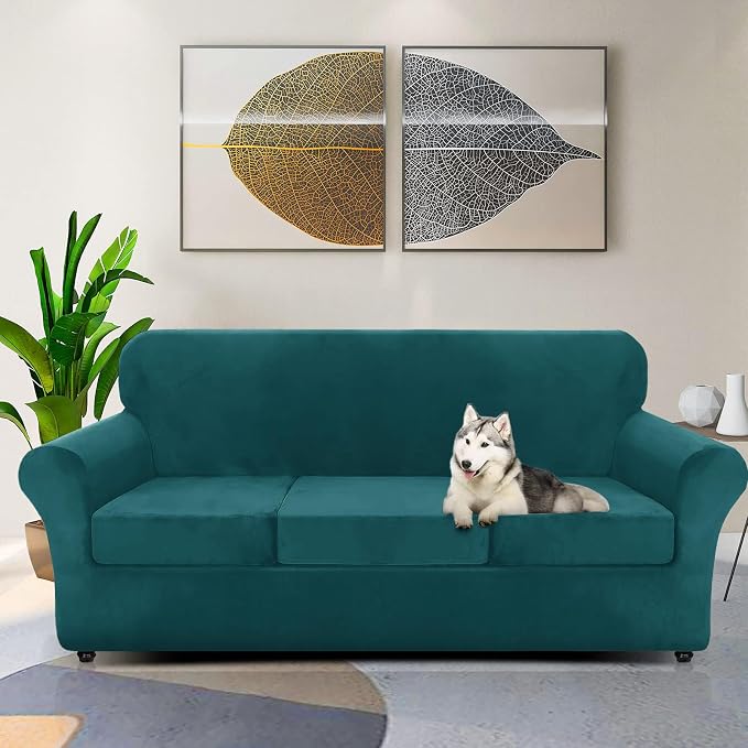 ZNSAYOTX Oversized Velvet Couch Cover 4 Piece (92"-115") Stretch Sofa Covers for 3 Cushion Couch Thick Soft XL-Slipcover with Non Slip Strap, Dog Pet Friendly Nice Furniture Protector (Deep Teal) - Image 2
