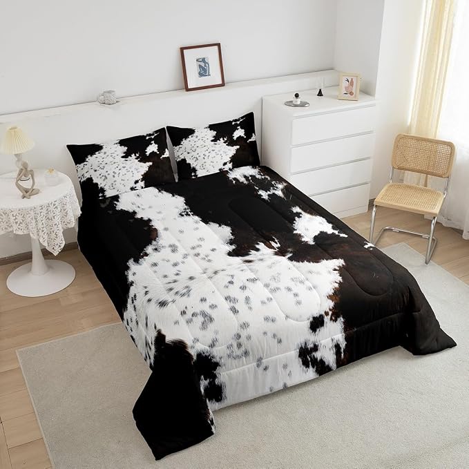 Cow Fur Comforter Set King Size,White Black Brown Cowhide Bedding Set 3pcs for Kids Boys Girls Teens Bedroom Decor,Animal Skin Print Quilt Set Rustic Farmhouse Cow Print Duvet Set,2 Pillowcases - Image 4