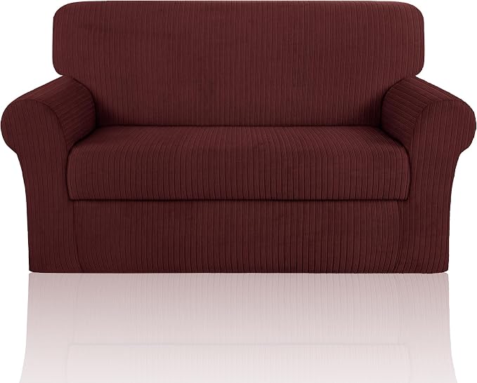 Loveseat Cover Stretching Skid Resistance Couch Cover for Pets Washable, Thick and Durable Soft High Spandex Striped Pattern Sofa Covers, Form Fitted Love Seat Slipcover(Loveseat, Burgundy) by ChengEase