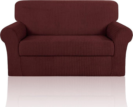 Loveseat Cover Stretching Skid Resistance Couch Cover for Pets Washable, Thick and Durable Soft High Spandex Striped Pattern Sofa Covers, Form Fitted Love Seat Slipcover(Loveseat, Burgundy) by ChengEase