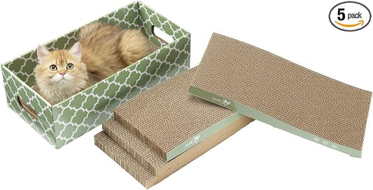 MECOOL Cat Scratching Board，5PC Cat Scratch Pad with Box，Reversible Corrugated Cat Scratcher Cardboard and Lounge Bed for Indoor Cats, Catnip by MECOOL