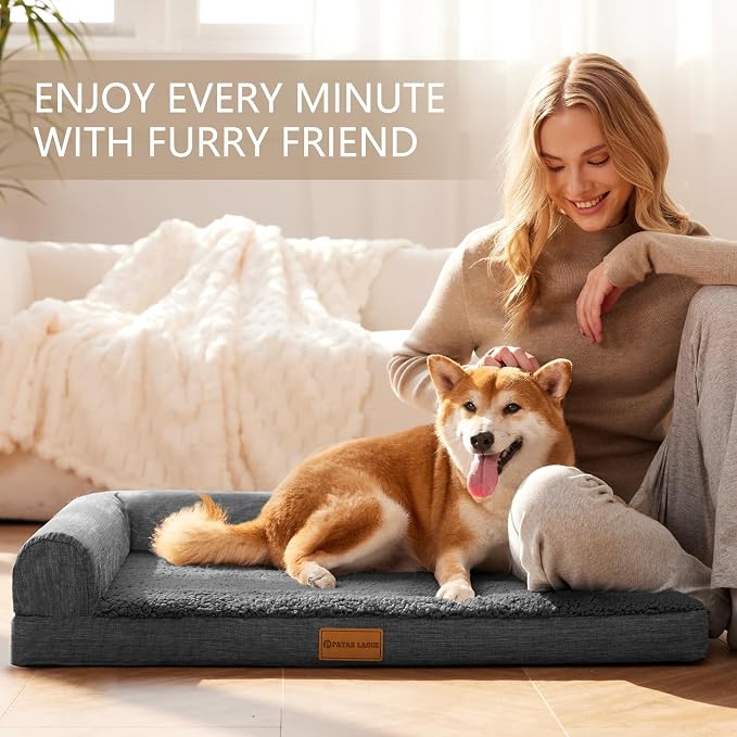 Patas Lague Orthopedic Large Dog Bed Pet Sofa Beds 56''X40''Dark Grey | L Bolster Egg-Crate Foam Dog Couch For Large Sized Dogs, Waterproof Removable Washable Cover, Pet Mat with Nonskid Bottom - Image 3